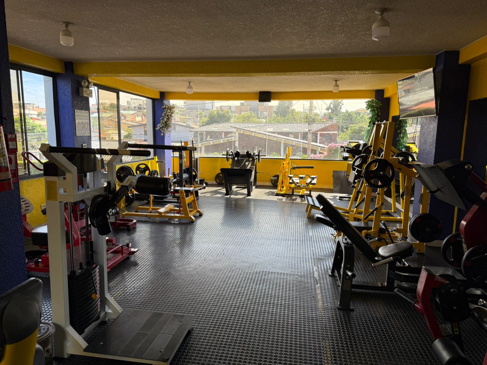 Vista panor&aacute;mica de m&aacute;quinas de fuerza en Adictos Gym Relax Center